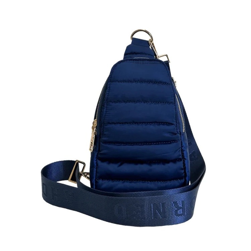 Ahdorned Navy Blue Eliza Quilted Puffy Sling Crossbody Purse Travel Bag NEW
